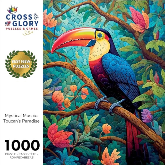 A vibrant, stylized toucan perched on a tree branch amidst lush tropical foliage in a mosaic art style.