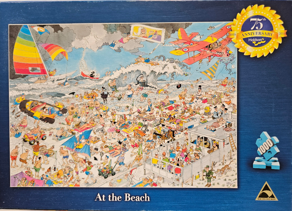 A busy cartoon illustration of a chaotic, crowded beach scene with many funny details and characters.