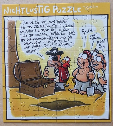 A humorous cartoon scene with pirates looking into an empty treasure chest.