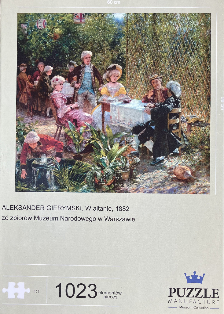 An 1882 oil painting by Aleksander Gierymski showing a group of aristocrats socializing in a lush garden gazebo.