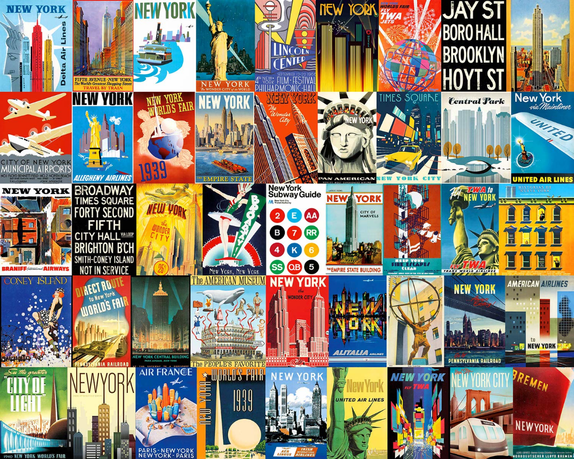 A collage of vintage New York travel posters and iconic city imagery.
