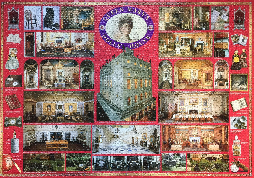 A collage of Queen Mary's Dolls' House featuring various miniature rooms, architectural details, and portraits.