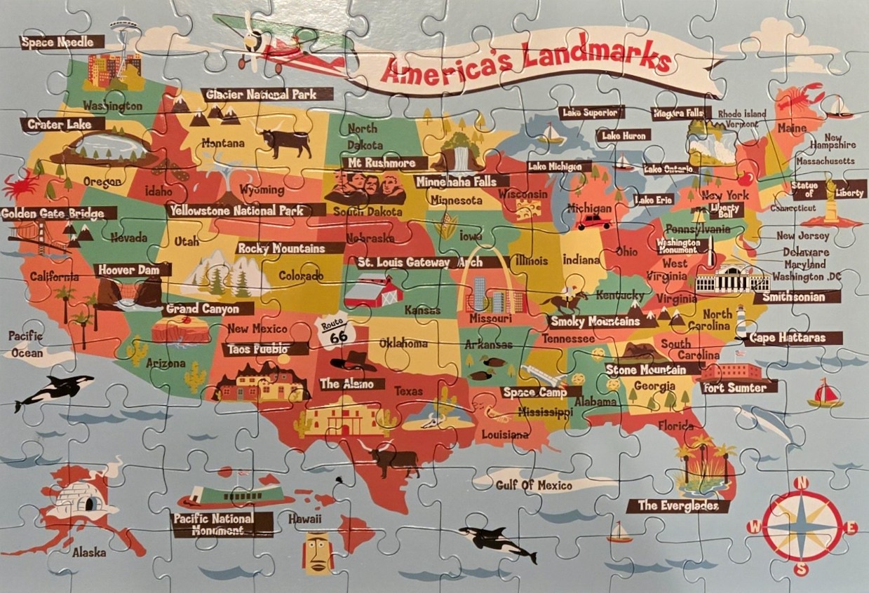 Illustrated map of the United States featuring famous landmarks and regional icons.