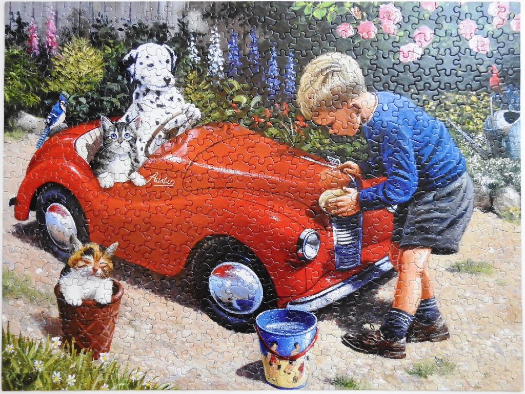 A young boy washing a bright red toy car occupied by a Dalmatian and a tabby kitten, with a calico kitten in a pot nearby.