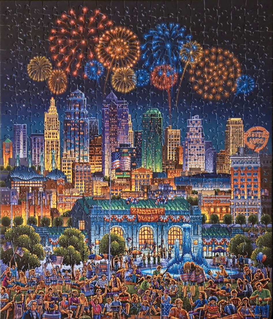 An illustration of a nighttime Fourth of July celebration in Kansas City featuring fireworks over the skyline.