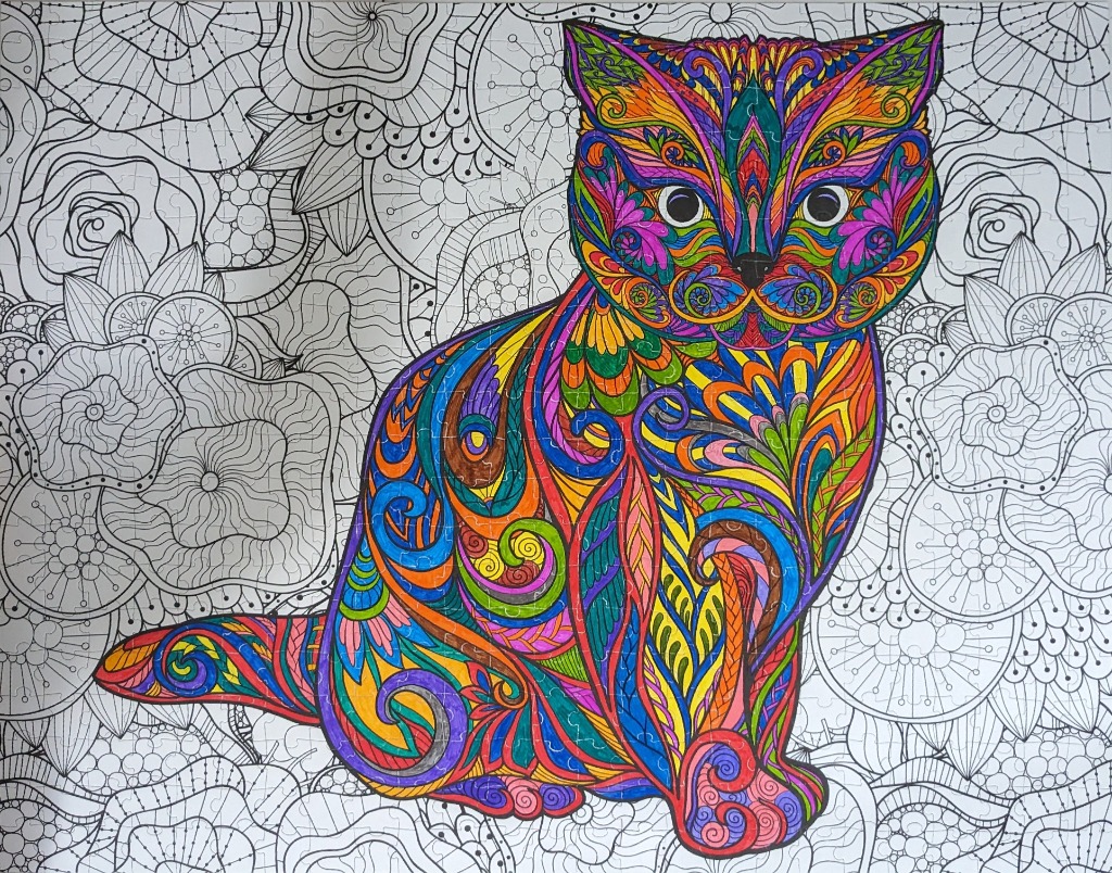 A vibrantly colored cat illustration set against a black and white floral background.