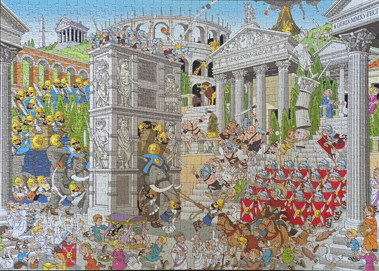 A busy cartoon illustration of ancient Rome bustling with comedic characters, soldiers, elephants, and classical architecture