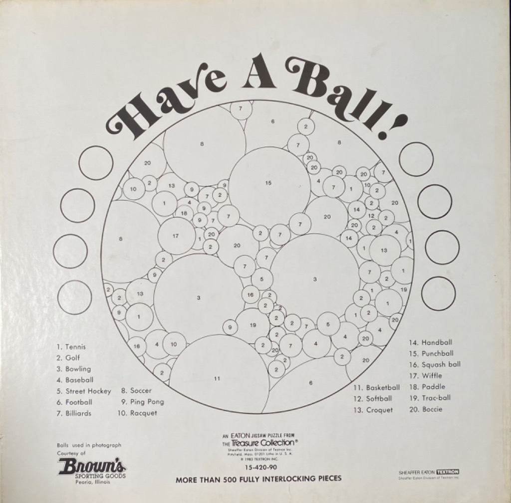 "Have a Ball!" text over a circular diagram of numbered balls and sports equipment.