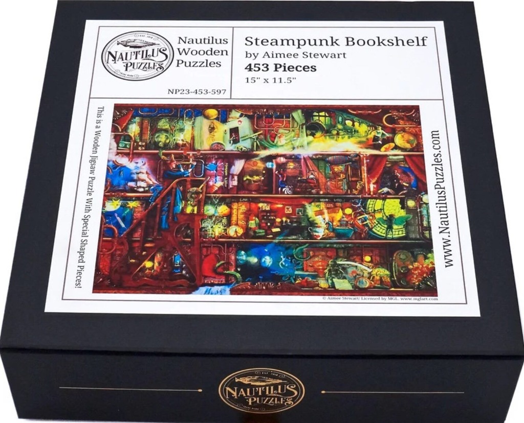 An illustration of a cluttered, magical steampunk bookshelf with various objects, gears, and figures.