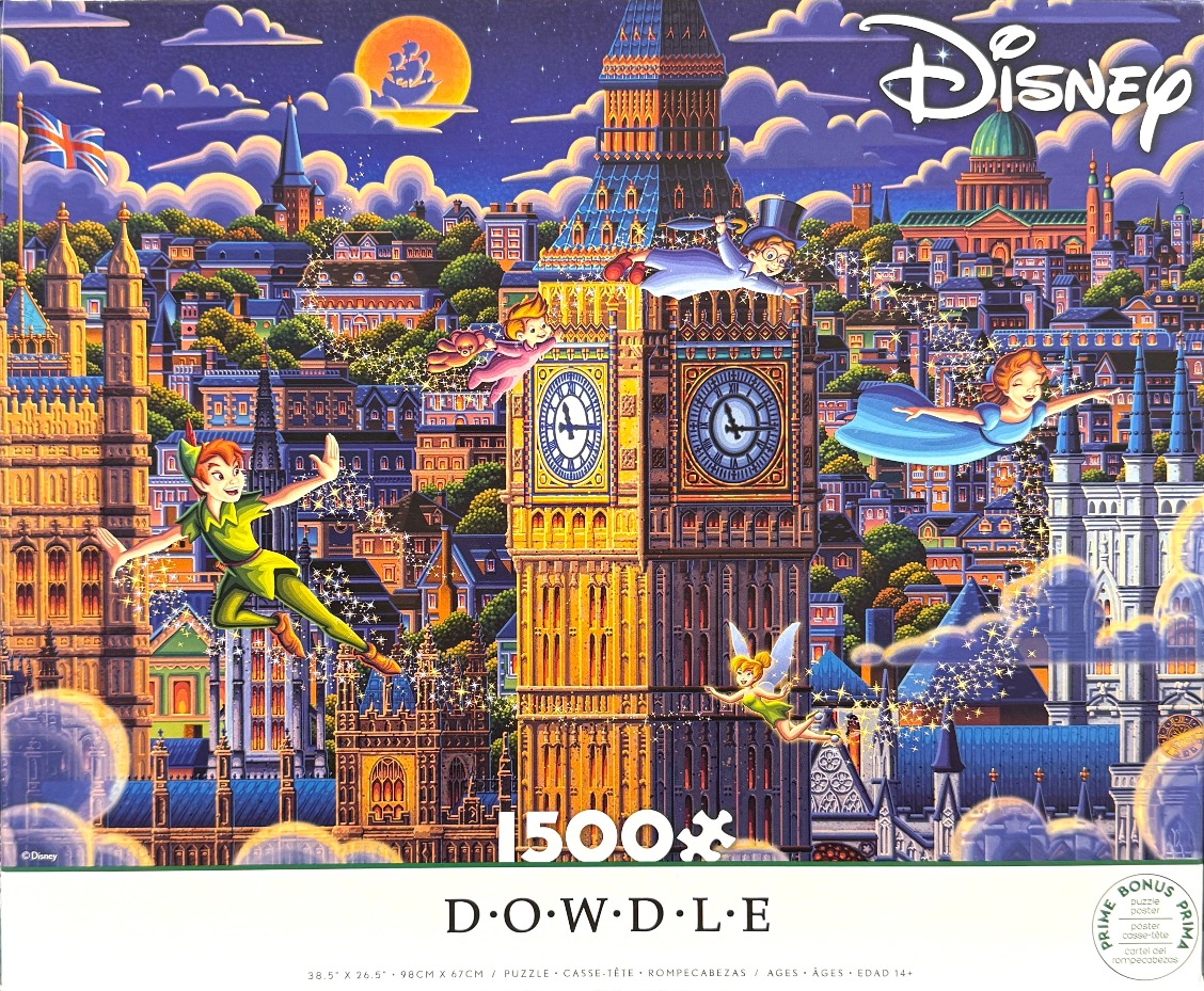 Peter Pan characters flying over a stylized nighttime London cityscape with Big Ben