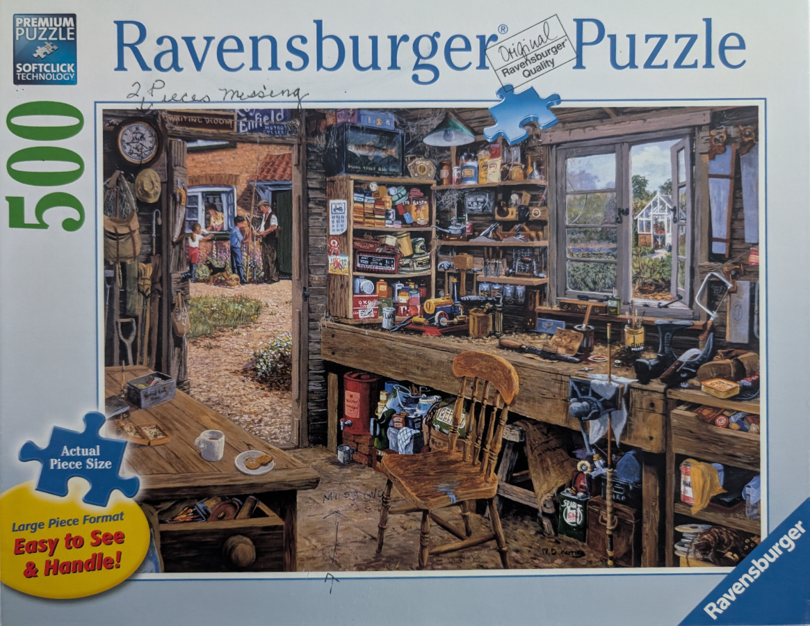 A cluttered, rustic workshop filled with tools and a view of a garden through an open doorway.