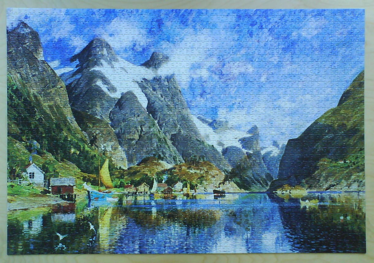 A painterly landscape of a Norwegian-style fjord with towering mountains, a small village, and boats on the water.