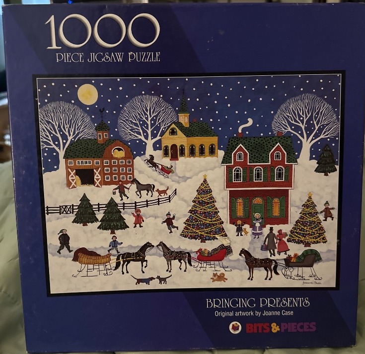 A whimsical folk art painting of a winter Christmas village scene with horses, sleighs, and decorated trees.