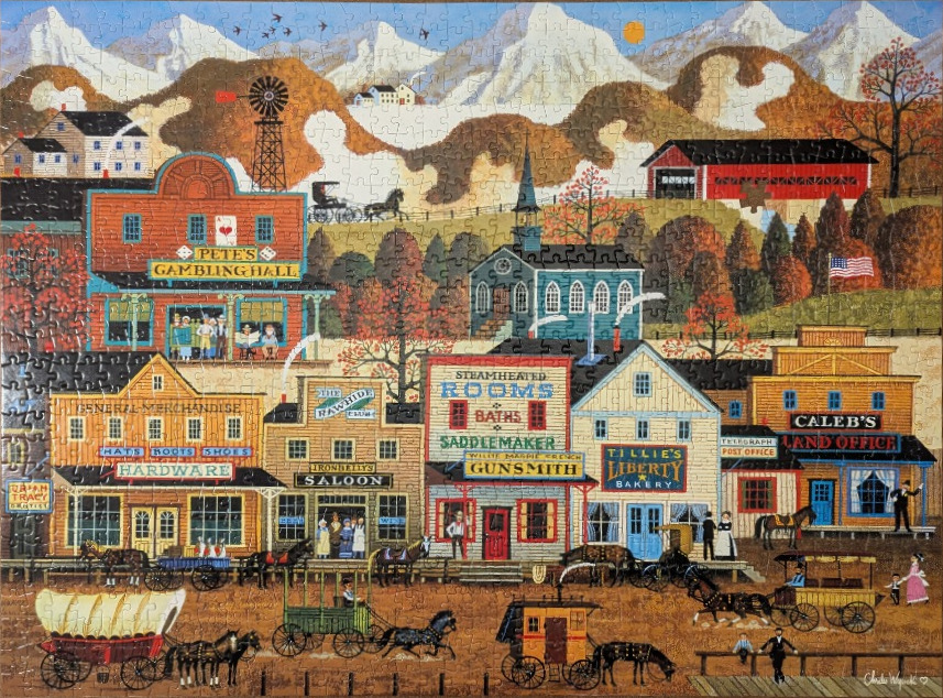 Illustration of a bustling American Old West town with snow-capped mountains in the background.
