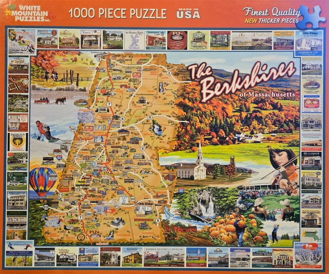 A whimsical illustrative map of the Berkshire Mountains in Massachusetts surrounded by regional landmark thumbnails.
