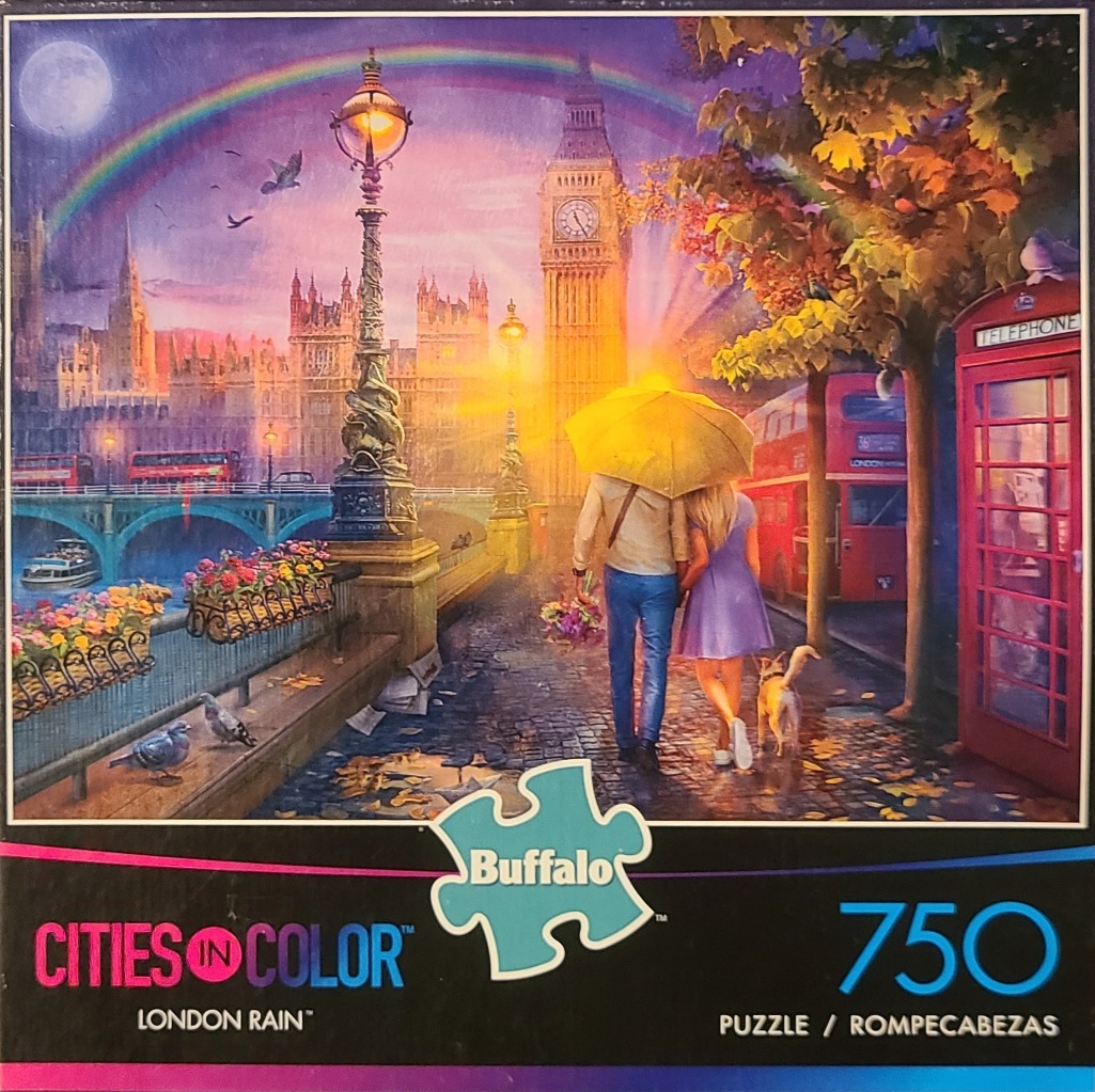 Couple walking under a yellow umbrella in London with Big Ben, a red telephone booth, and a rainbow in the background.