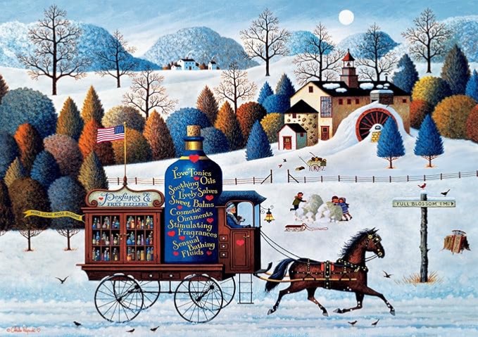 A horse-drawn wagon selling perfumes travels through a snowy, stylized winter landscape.