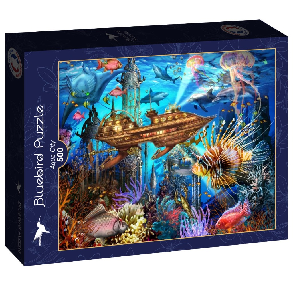 Steampunk submarine exploring a vibrant underwater city filled with marine life and coral reefs