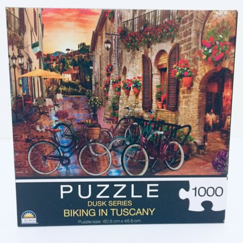 Oil-style painting of bicycles parked on a quaint, cobblestone Tuscan street at sunset.