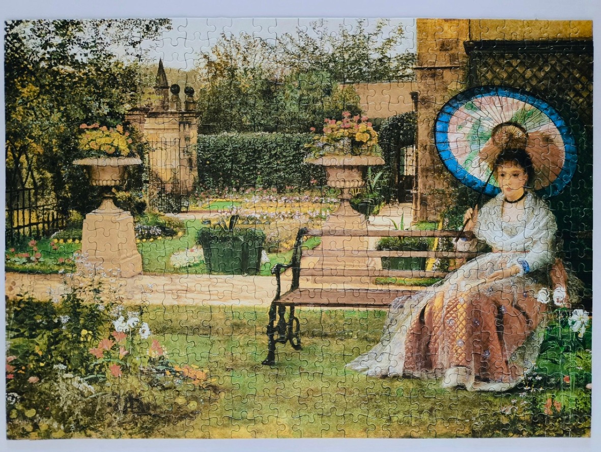 A Victorian-style painting of a woman with a parasol sitting on a park bench in a garden.