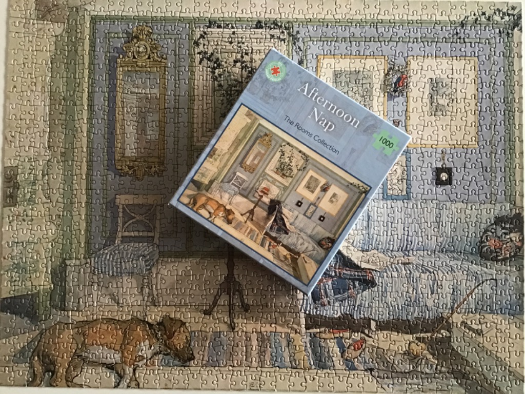 18th-century interior with dogs, pale blue walls, and rich detail.