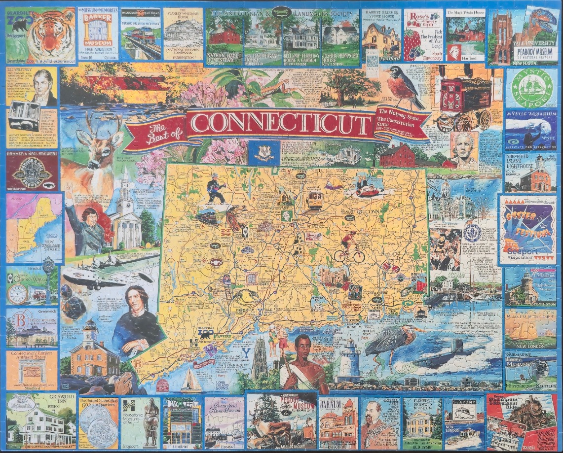 A whimsical illustrated map of Connecticut surrounded by a collage of local landmarks, wildlife, and historical figures.