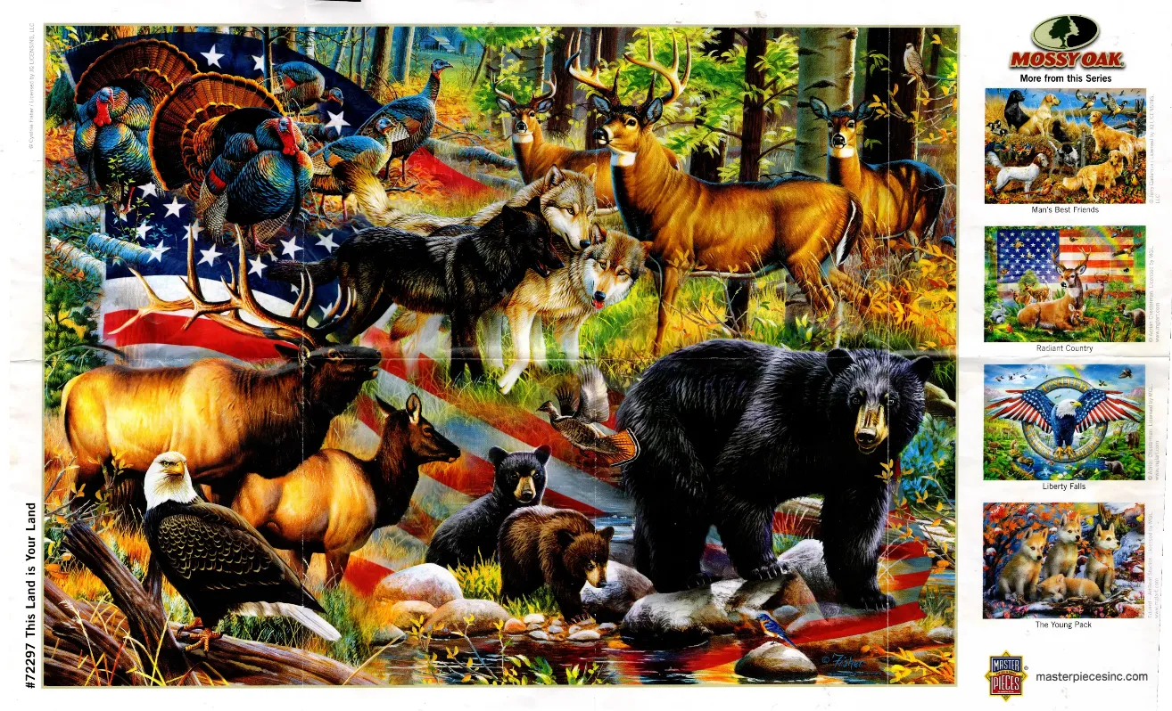 A montage of North American wildlife featuring deer, wolves, a bear, and a bald eagle set against a waving American flag.