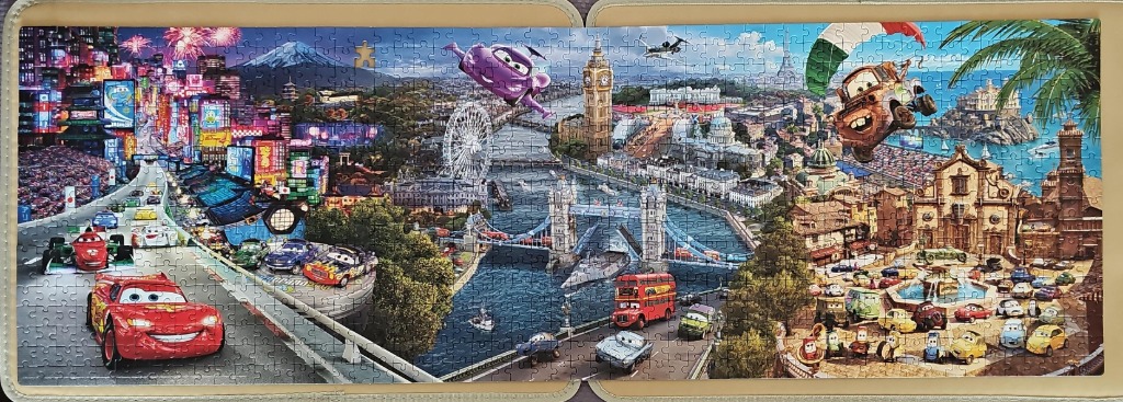 A panoramic scene featuring animated anthropomorphic cars traveling through famous global city landmarks.