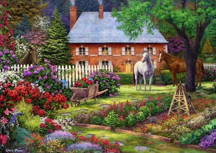 A brick cottage sits behind a white picket fence in a lush, blooming garden with three horses.