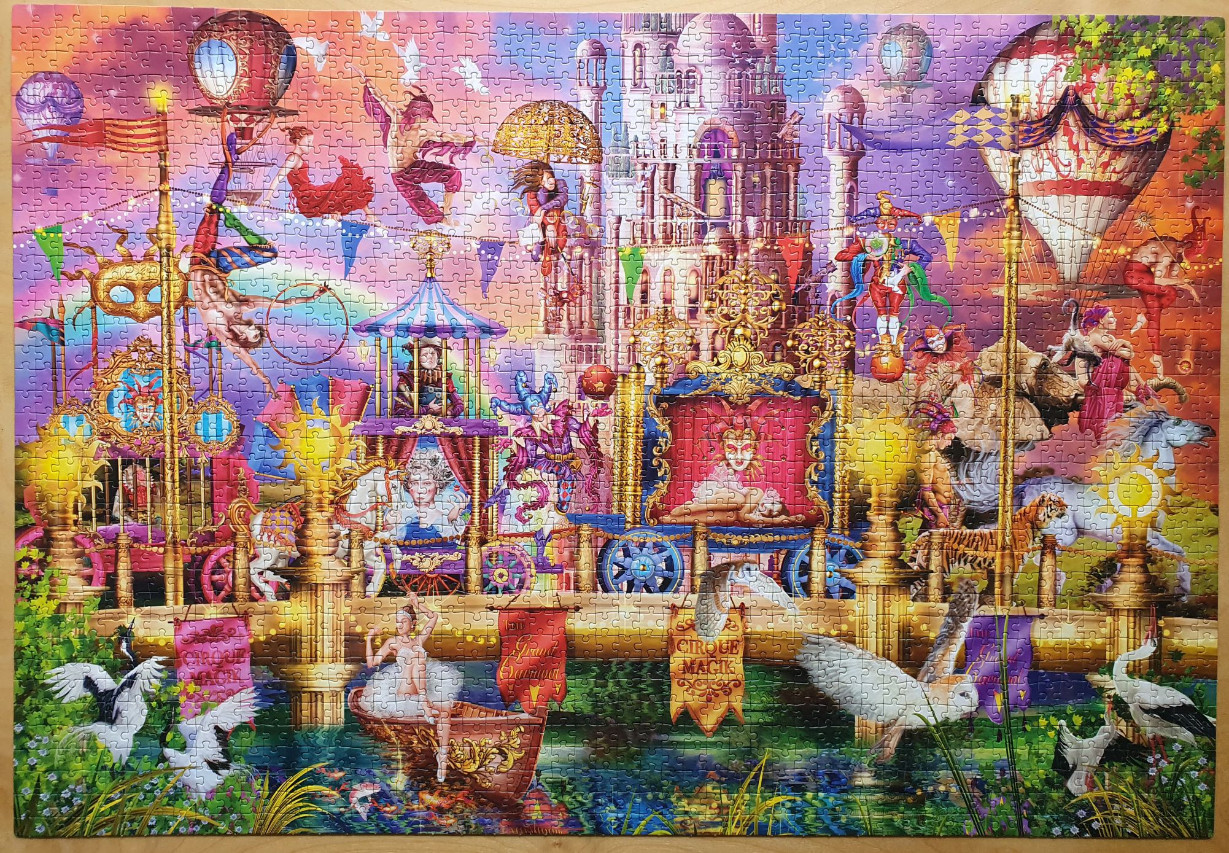 A fantasy circus scene with a central palace, performers, hot air balloons, and a pond with swans in a sunset color palette.