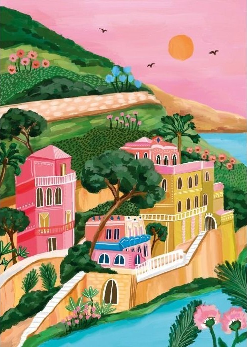 An illustration of pastel Mediterranean-style villas nestled on a green hillside overlooking a bright blue coastline.