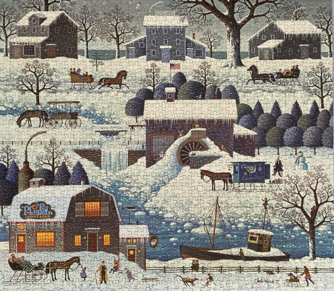 A whimsical folk art winter village scene with stone buildings, sleighs, a water mill, and a small boat in the snow.