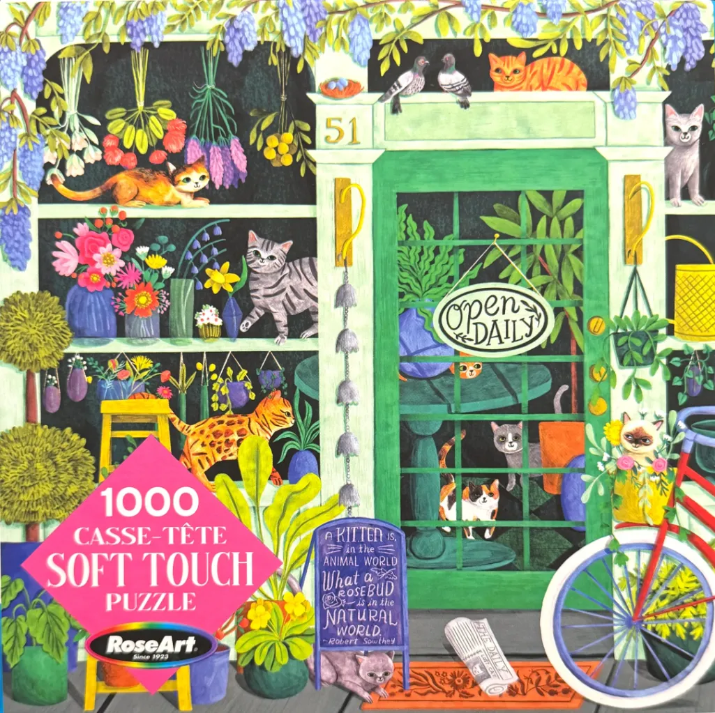 Illustration of a charming flower shop storefront filled with cats, potted plants, and colorful flowers.