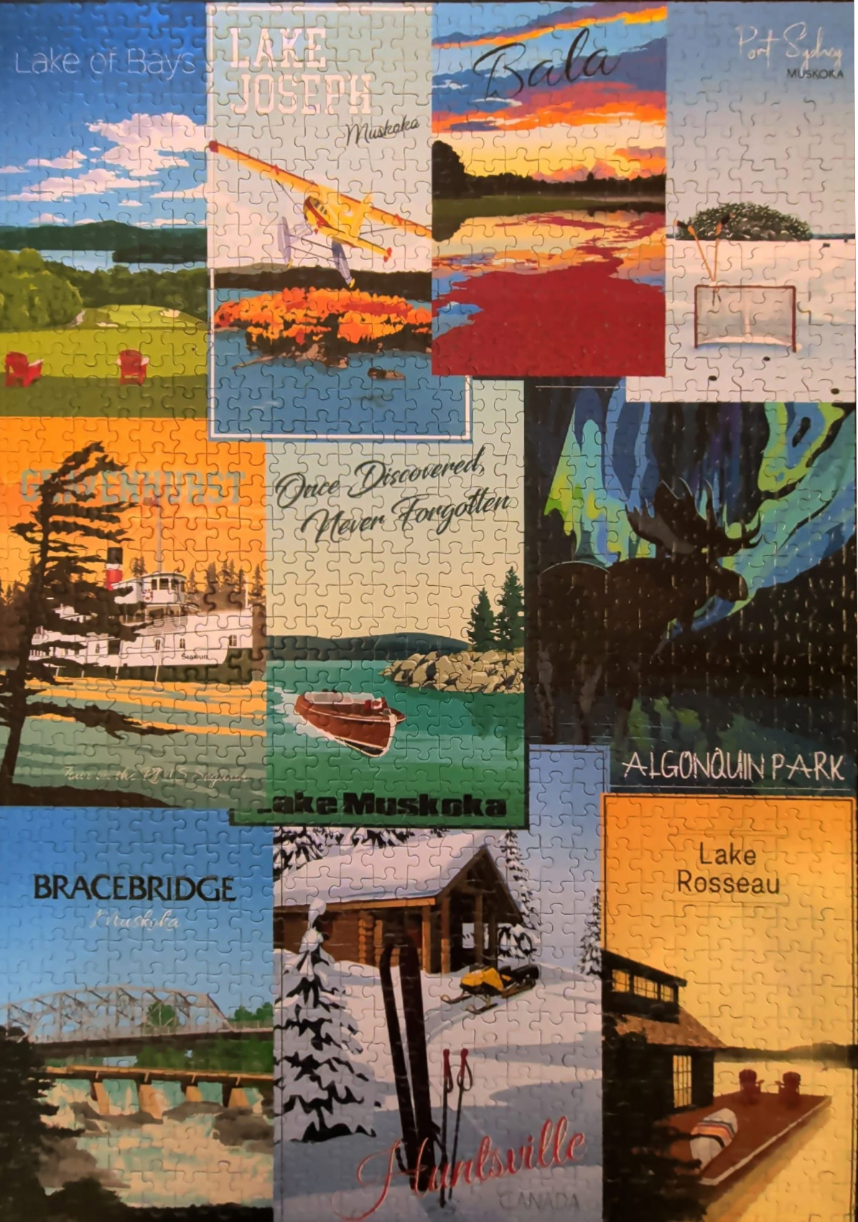 A montage of travel-style vintage posters featuring different regions and seasons in Muskoka, Ontario.