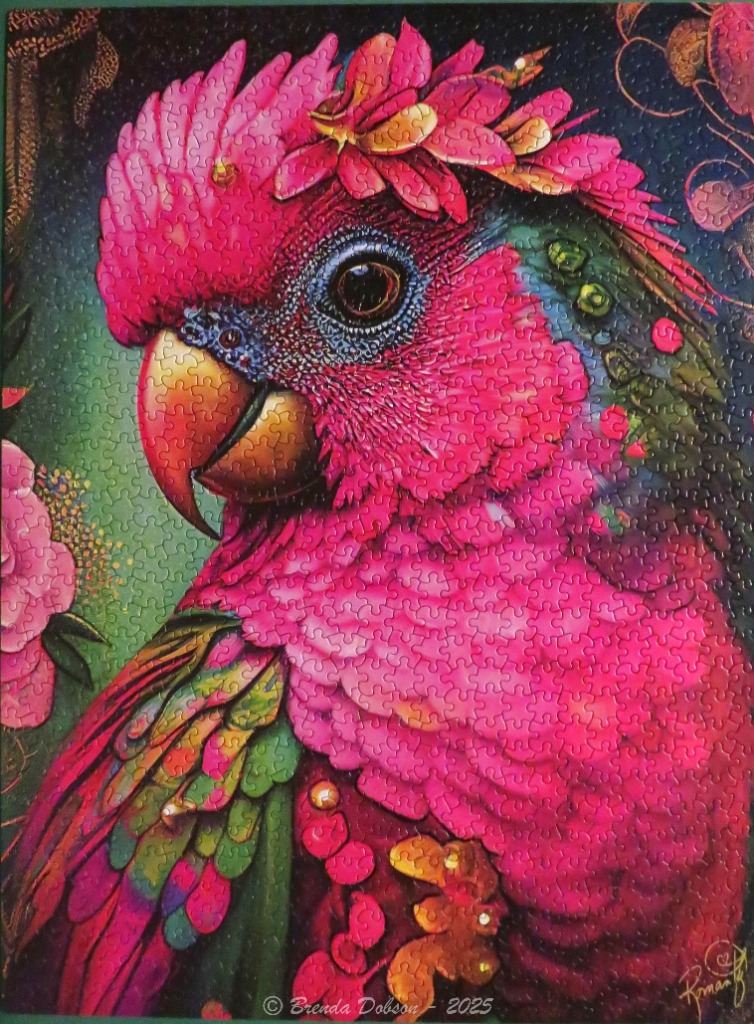 Close-up portrait of a vibrant pink parrot against a dark, ornate background.