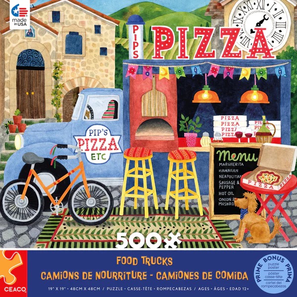 A whimsical illustration of a pizza food truck parked in a European village setting with a bicycle and a dog.