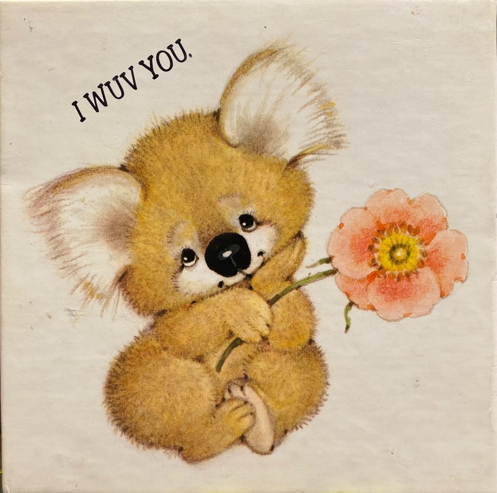 A whimsical drawing of a fluffy, golden-brown koala sitting and holding a large, soft-pink flower.