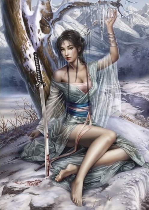 A woman in a flowing gown sitting in the snow beside a katana, with snowy mountains in the background.