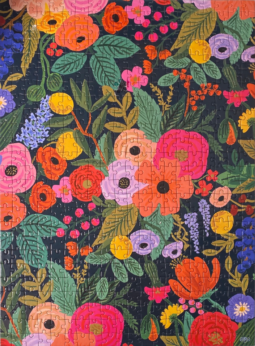 A vibrant folk-art style illustration of a dense flower garden against a dark background.