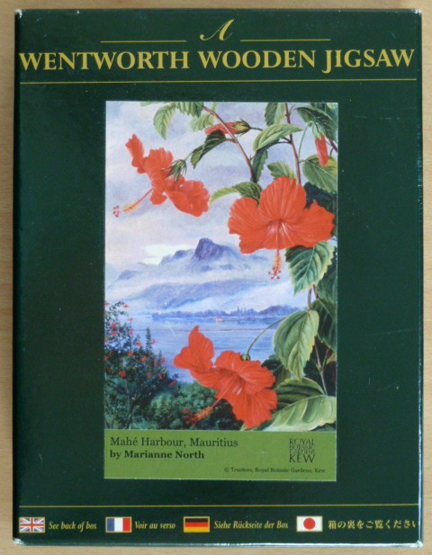 A botanical painting by Marianne North of vibrant red hibiscus flowers in front of a coastal mountain view in Mauritius.