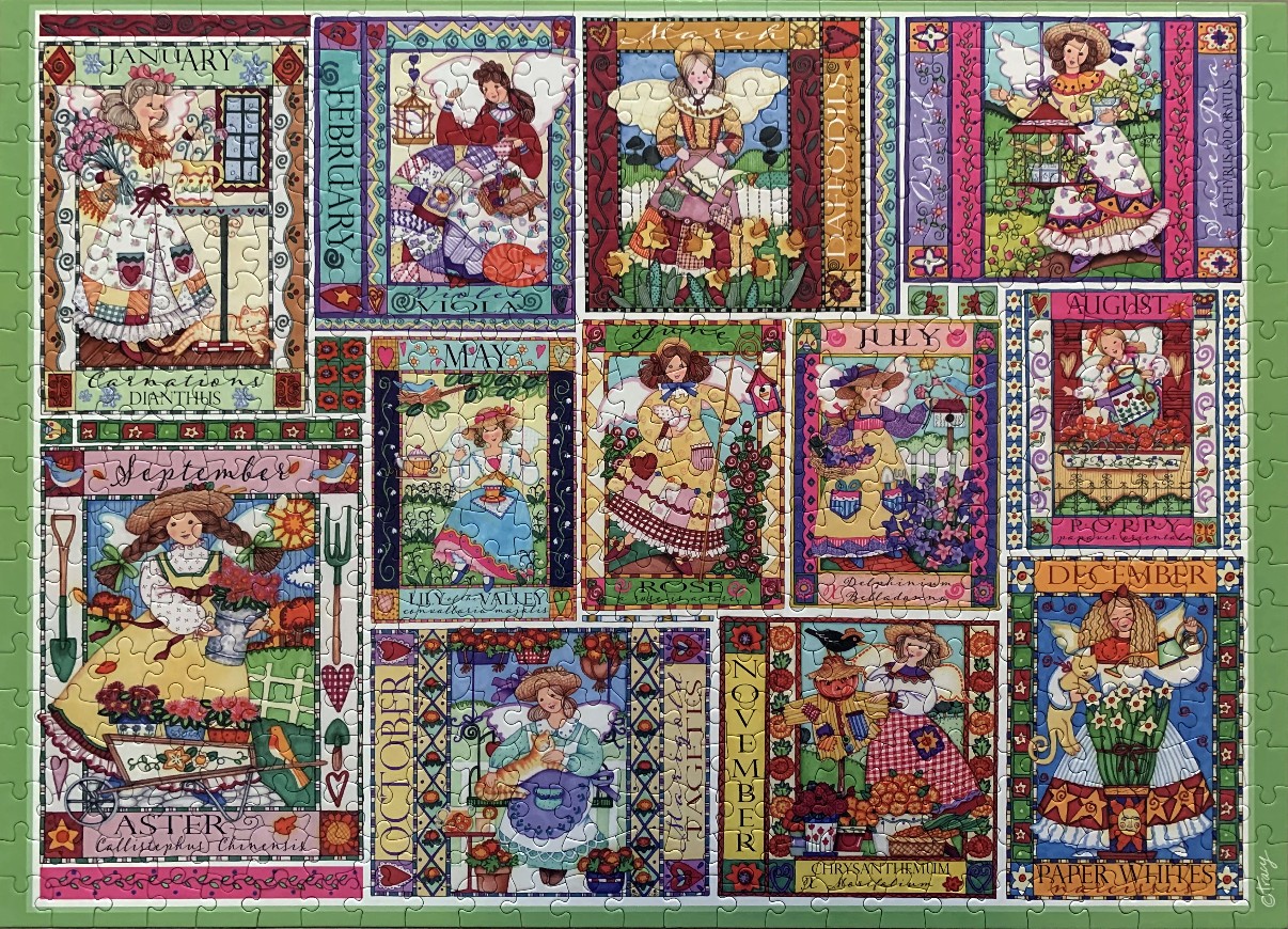 A whimsical collage of twelve monthly calendar illustrations featuring angels, flowers, and seasonal motifs.