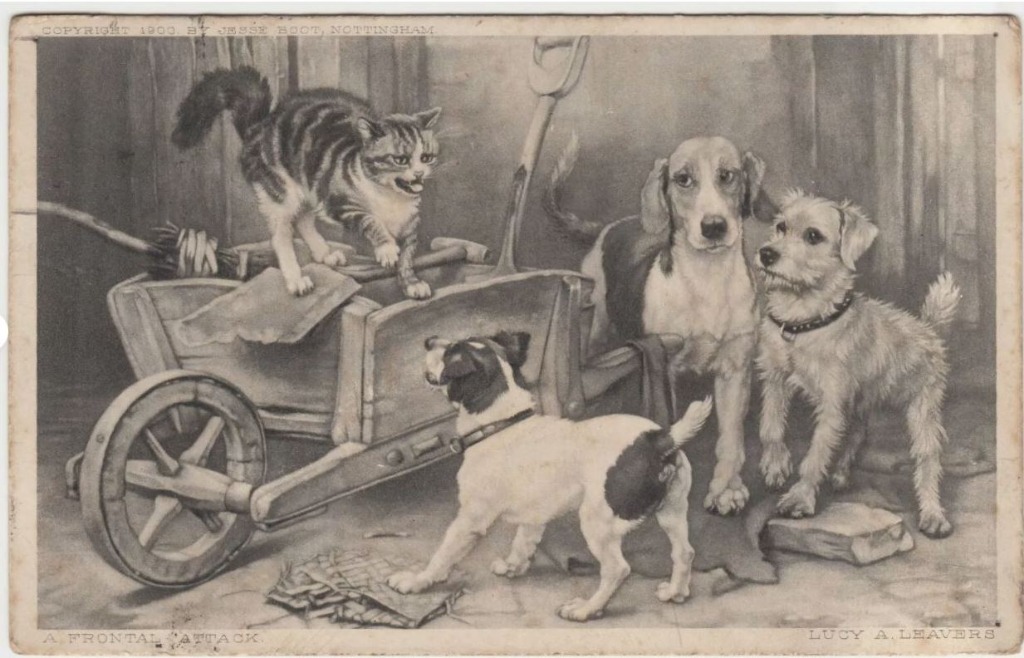 A black and white illustration of a tabby cat hissing at three curious dogs around a wooden wheelbarrow.