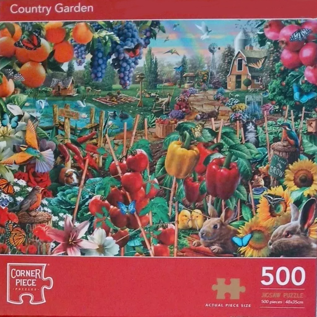 An idyllic country garden scene featuring a bountiful vegetable patch, assorted wildlife, and a rustic farm in the distance.