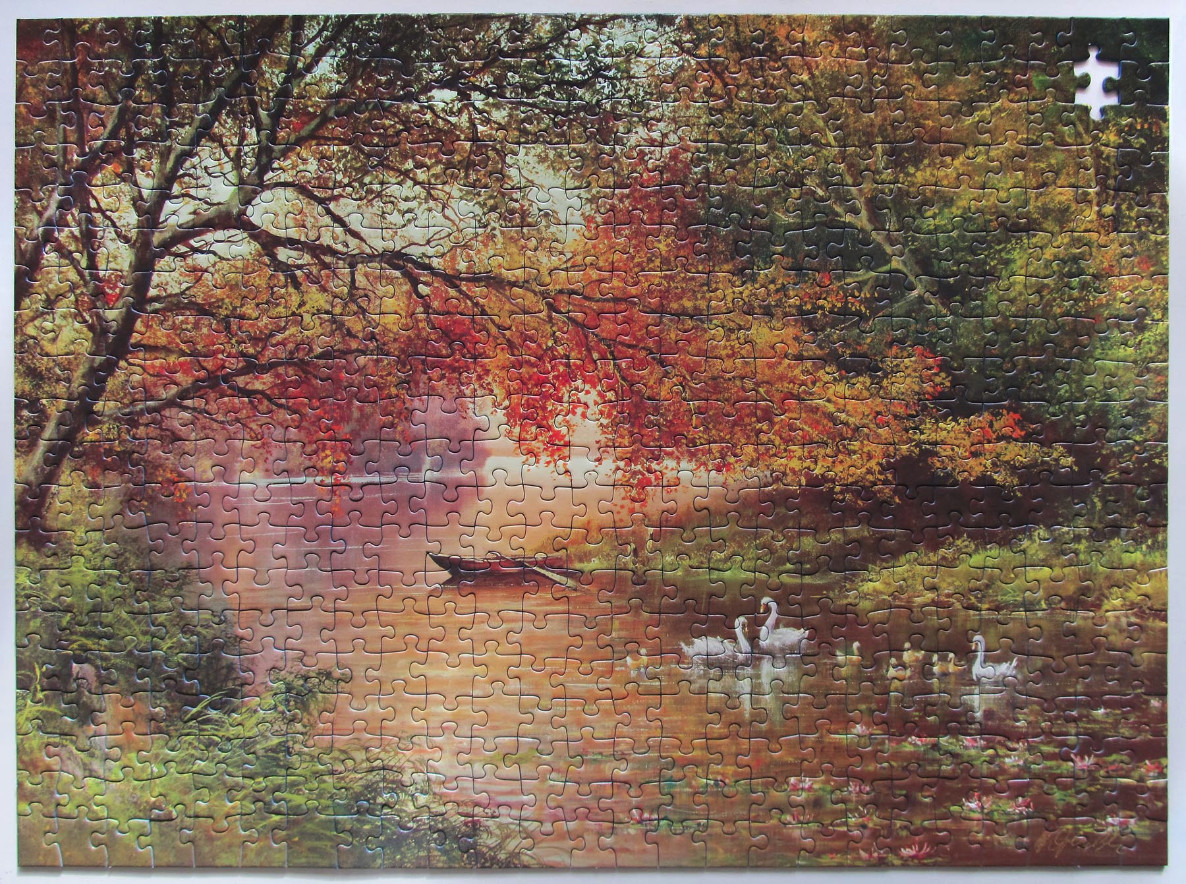 An oil painting of a tranquil autumnal pond with swans and a small boat at sunset.