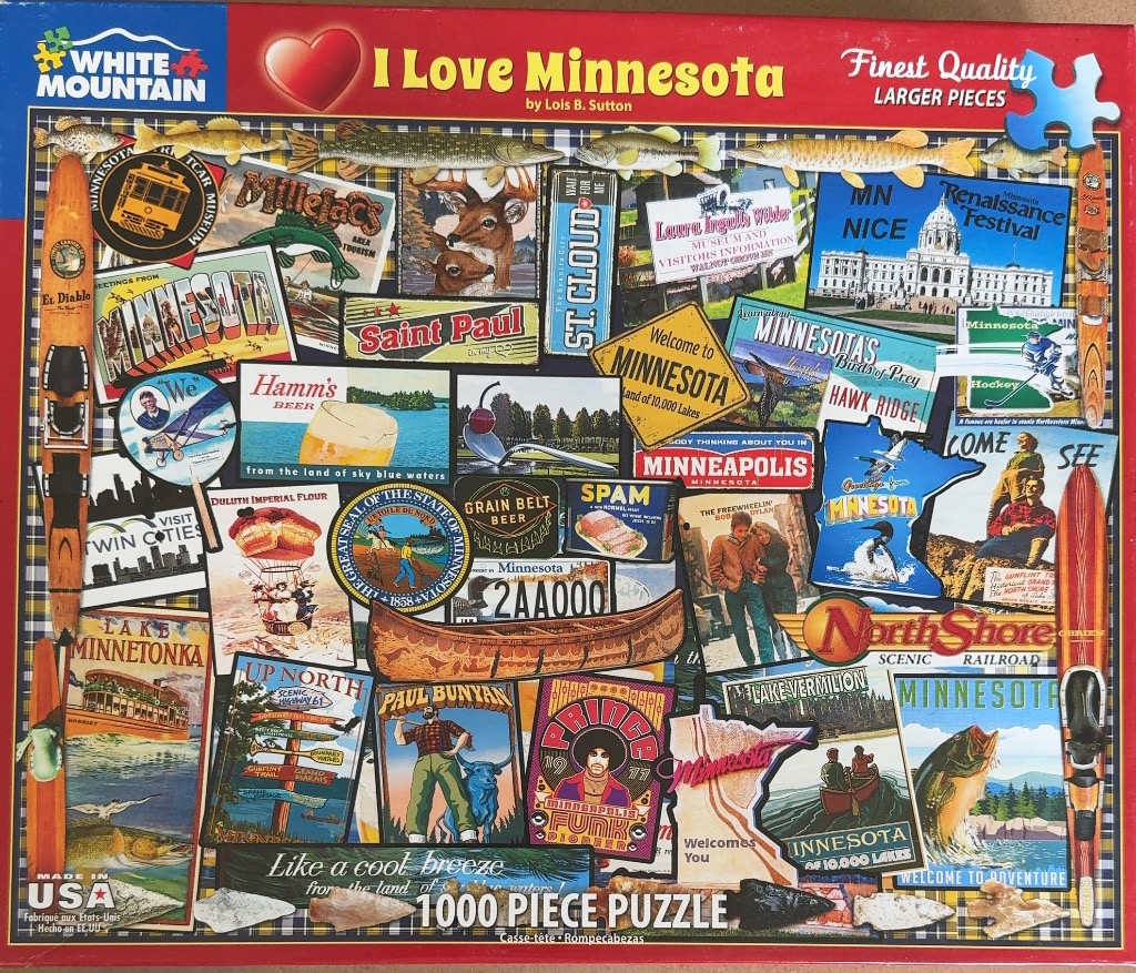 A collage of Minnesota-themed vintage postcards, signs, and memorabilia.