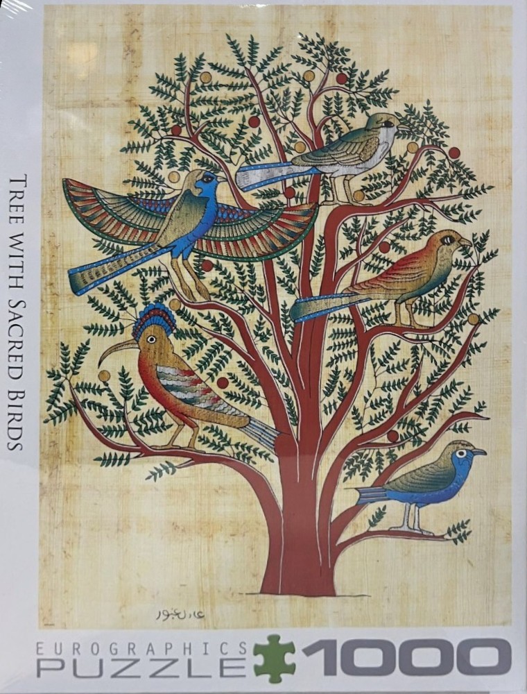 Ancient Egyptian-style illustration of a tree filled with five colorful, stylized birds on a papyrus background.