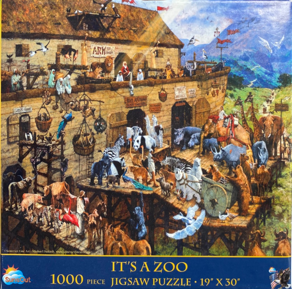 A whimsical illustration of Noah's Ark crowded with a wide variety of animals and people.