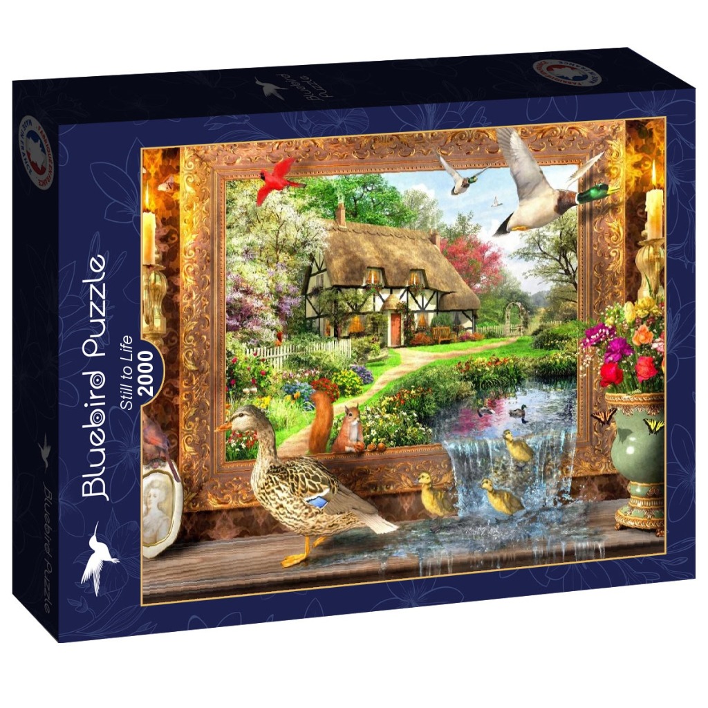 A fantasy illustration of a nature scene spilling out of a gold-framed painting onto a wooden mantle.