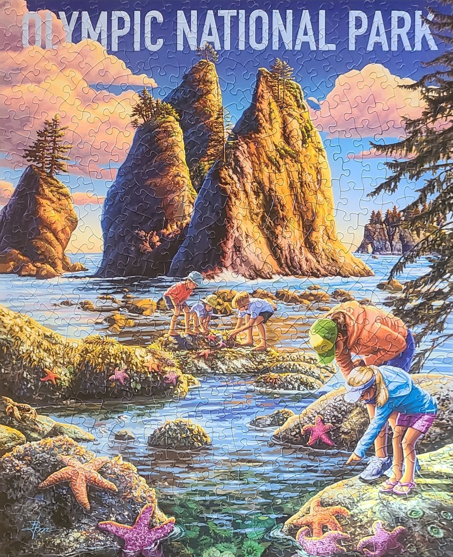 Illustration of children exploring tide pools at Olympic National Park with sea stacks in the background.