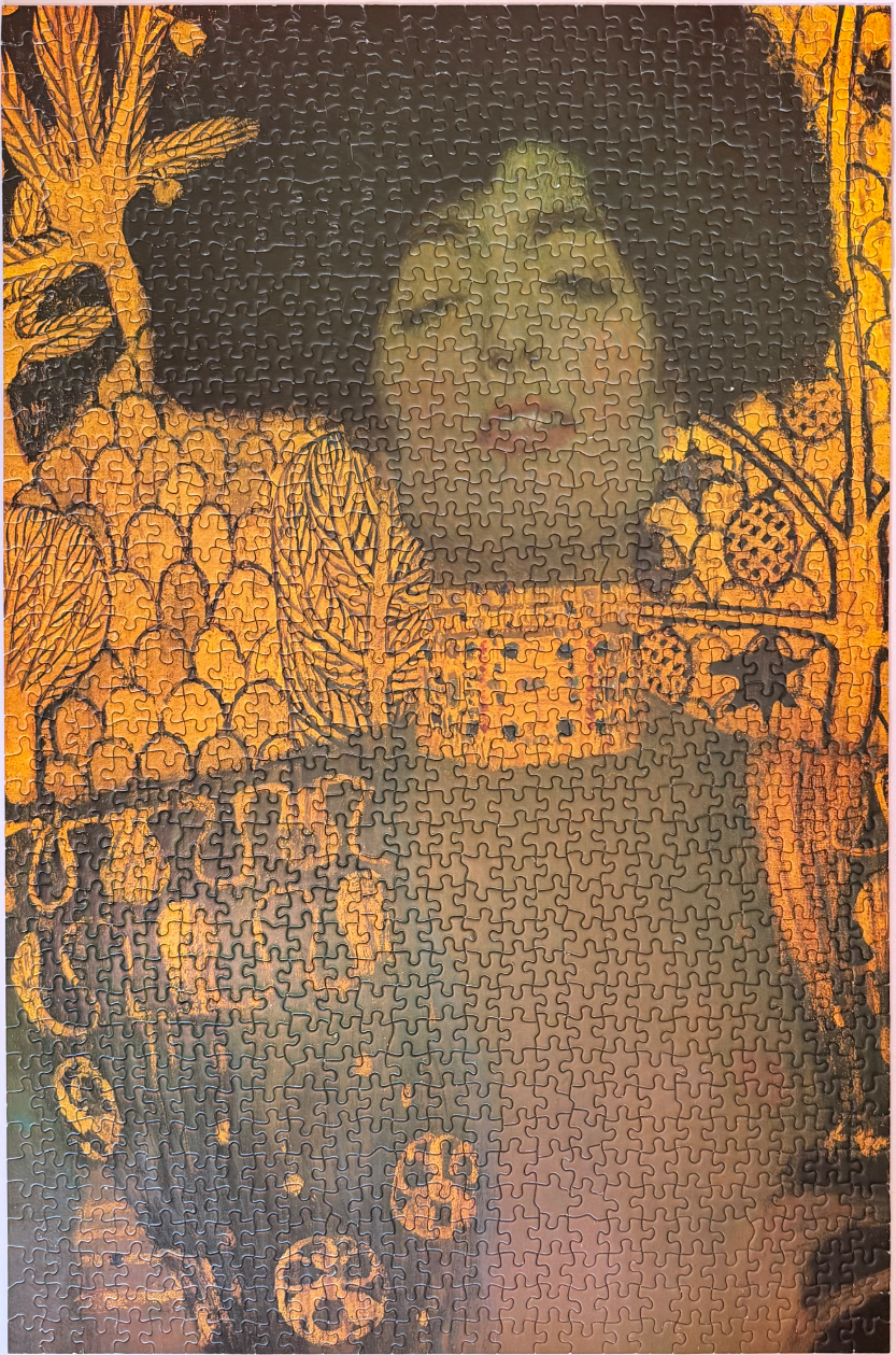Portrait of a woman with dark hair and a gold choker against an ornate gold background in the style of Gustav Klimt.